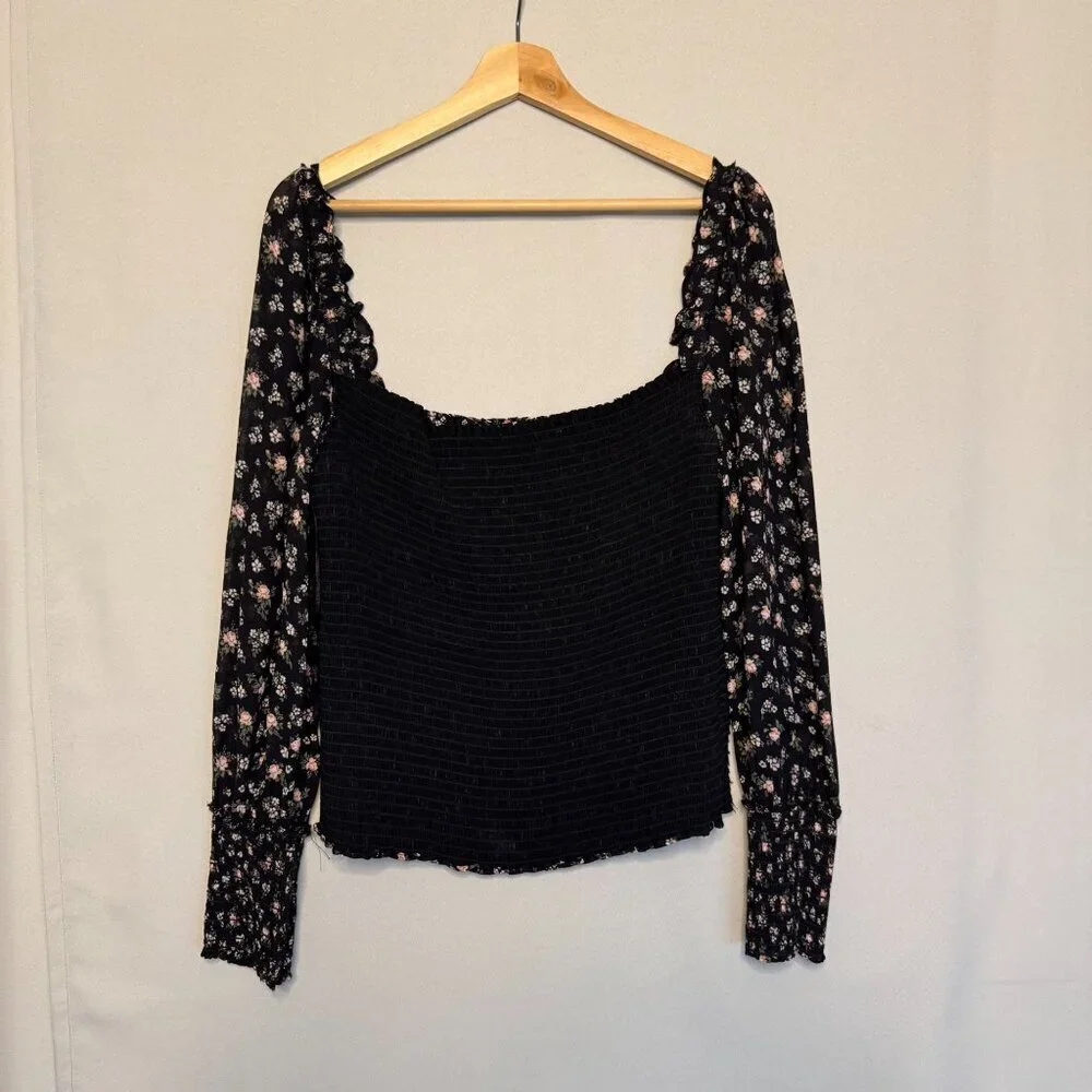Reformation Pinto Top Smocked Bodice Long Ballon Sleeve Black Pink Freesia 1X
